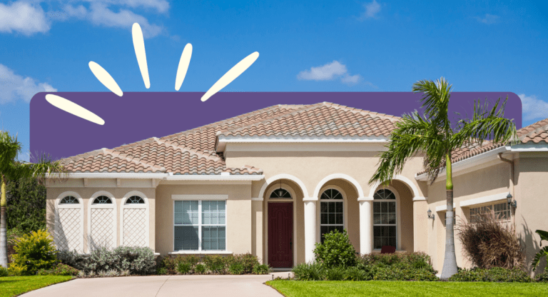 house in Florida, palm trees and clear sky in background