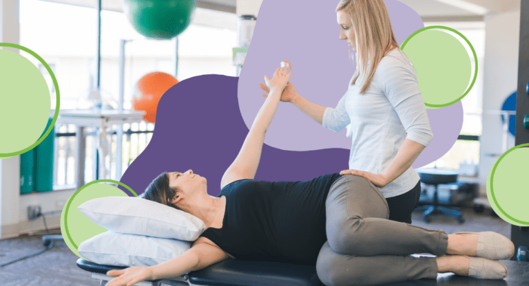 A woman laying on a patient table with her arm outstretched another woman is standing over her holding her arm.