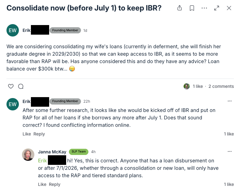 Community member getting answer on IBR consolidation deadline