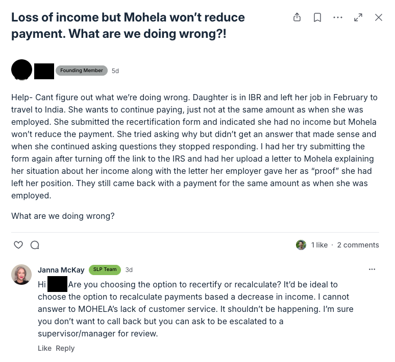 Community member getting help navigating MOHELA payment issue