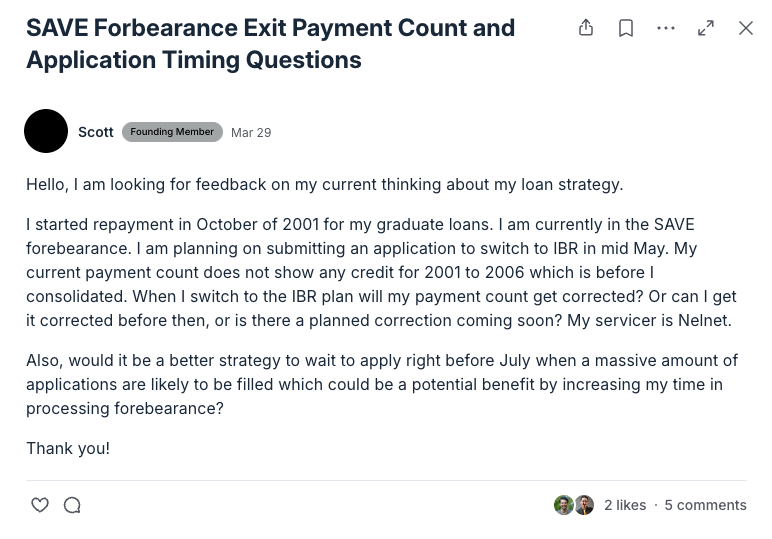 Community member asking about SAVE forbearance exit and payment count